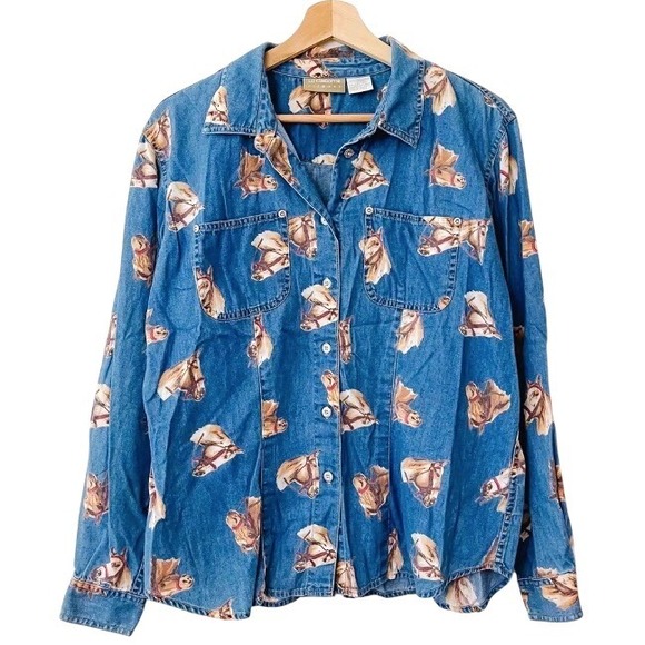 VTG Liz Claiborne Denim Shirt 90s Equestrian Large Horse Girl Button Up Large - Picture 1 of 4